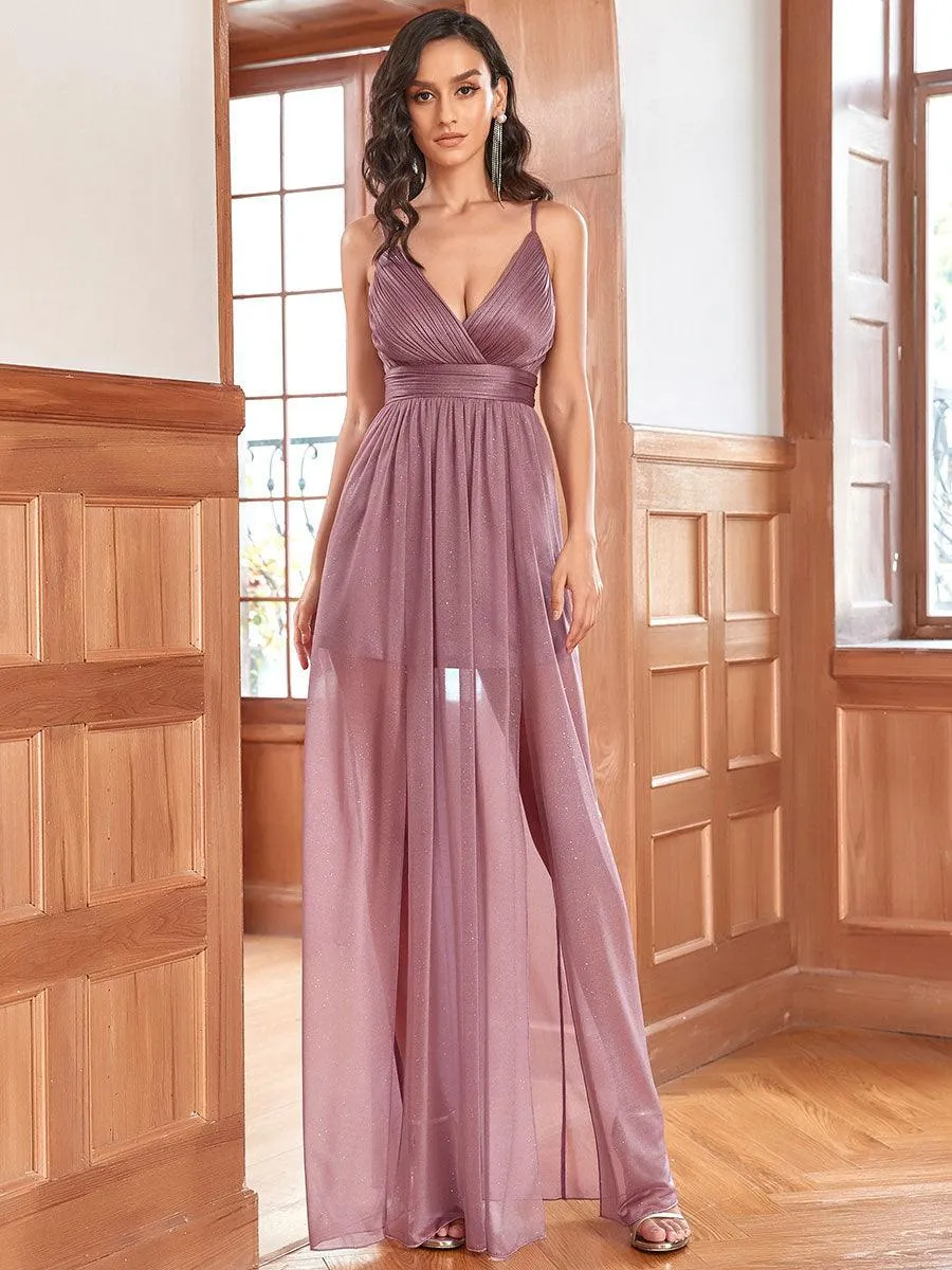 Robe de soirée plissée sans manches à bretelles spaghetti et col en V(Vente Finale)