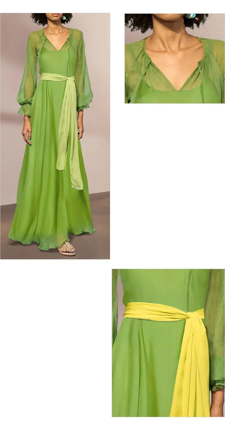 Rosie Lantern Sleeve Hit Color Frenulum Gathered Waist Slim Long Dress