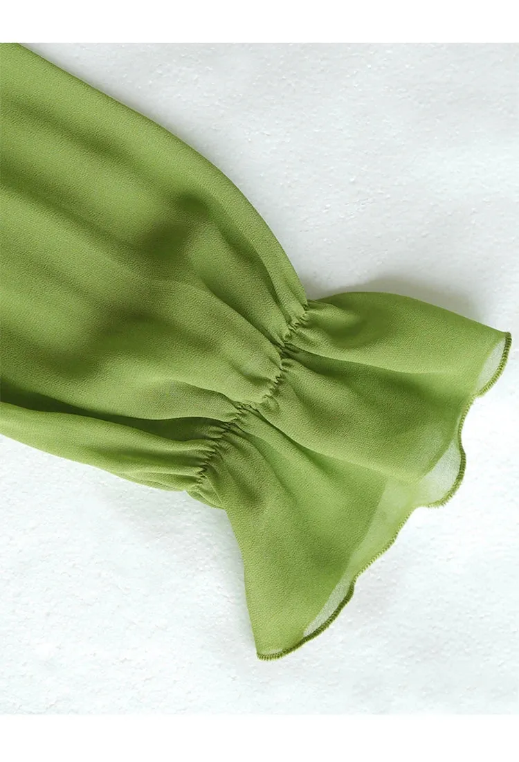 Rosie Lantern Sleeve Hit Color Frenulum Gathered Waist Slim Long Dress