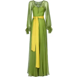 Rosie Lantern Sleeve Hit Color Frenulum Gathered Waist Slim Long Dress