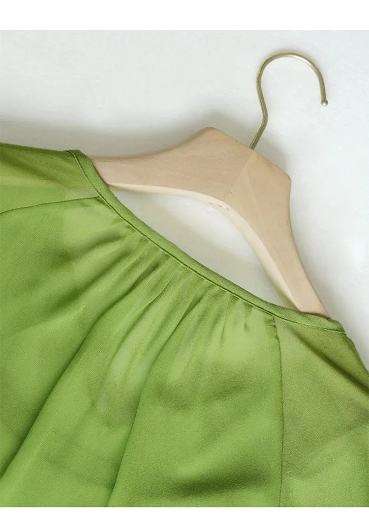 Rosie Lantern Sleeve Hit Color Frenulum Gathered Waist Slim Long Dress