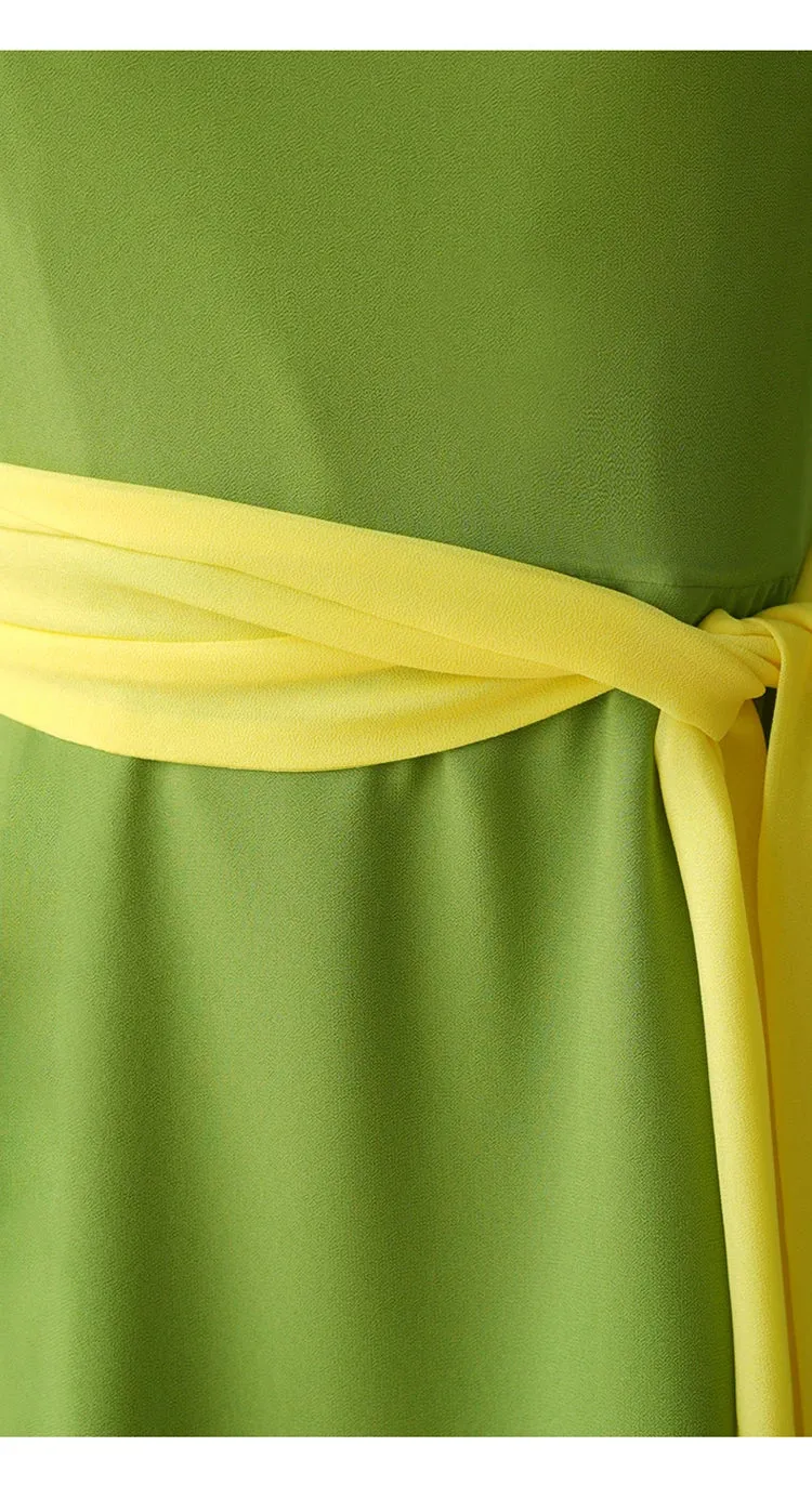 Rosie Lantern Sleeve Hit Color Frenulum Gathered Waist Slim Long Dress