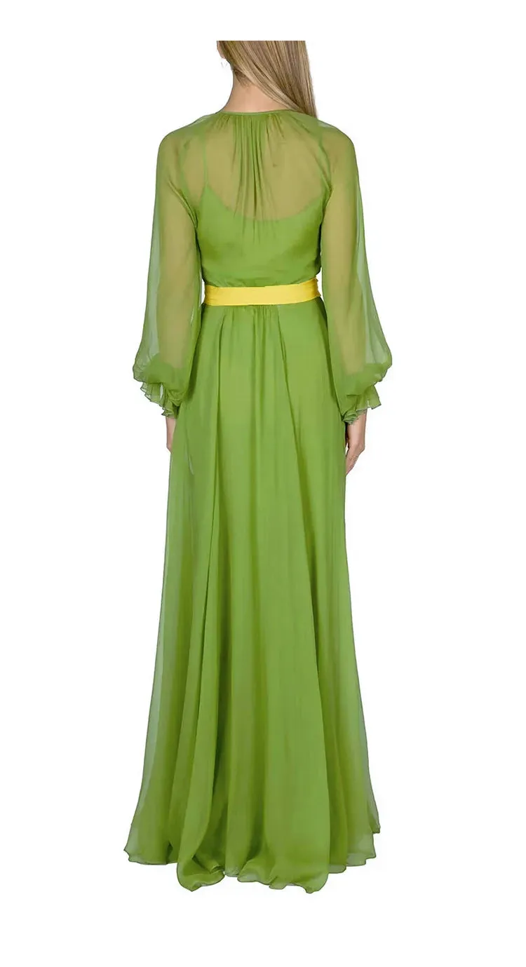 Rosie Lantern Sleeve Hit Color Frenulum Gathered Waist Slim Long Dress