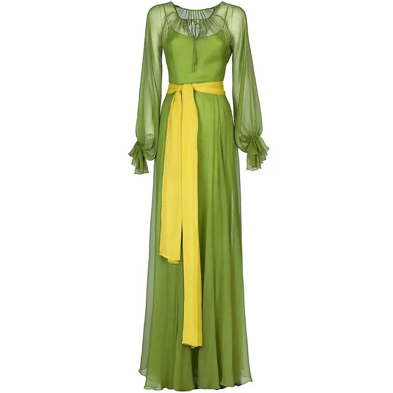 Rosie Lantern Sleeve Hit Color Frenulum Gathered Waist Slim Long Dress