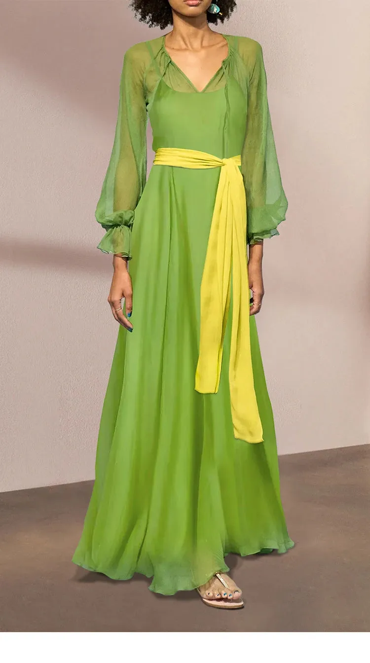 Rosie Lantern Sleeve Hit Color Frenulum Gathered Waist Slim Long Dress