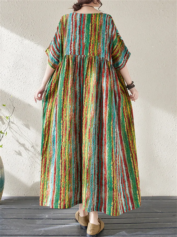 Round Neck Half Sleeve Striped Boho Dress for Women