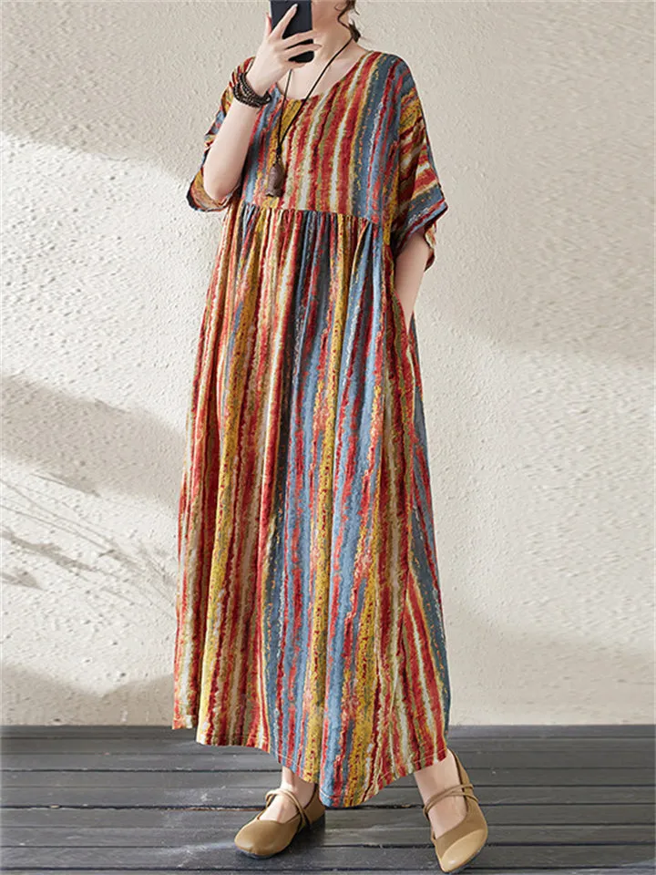 Round Neck Half Sleeve Striped Boho Dress for Women