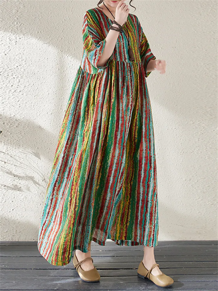 Round Neck Half Sleeve Striped Boho Dress for Women