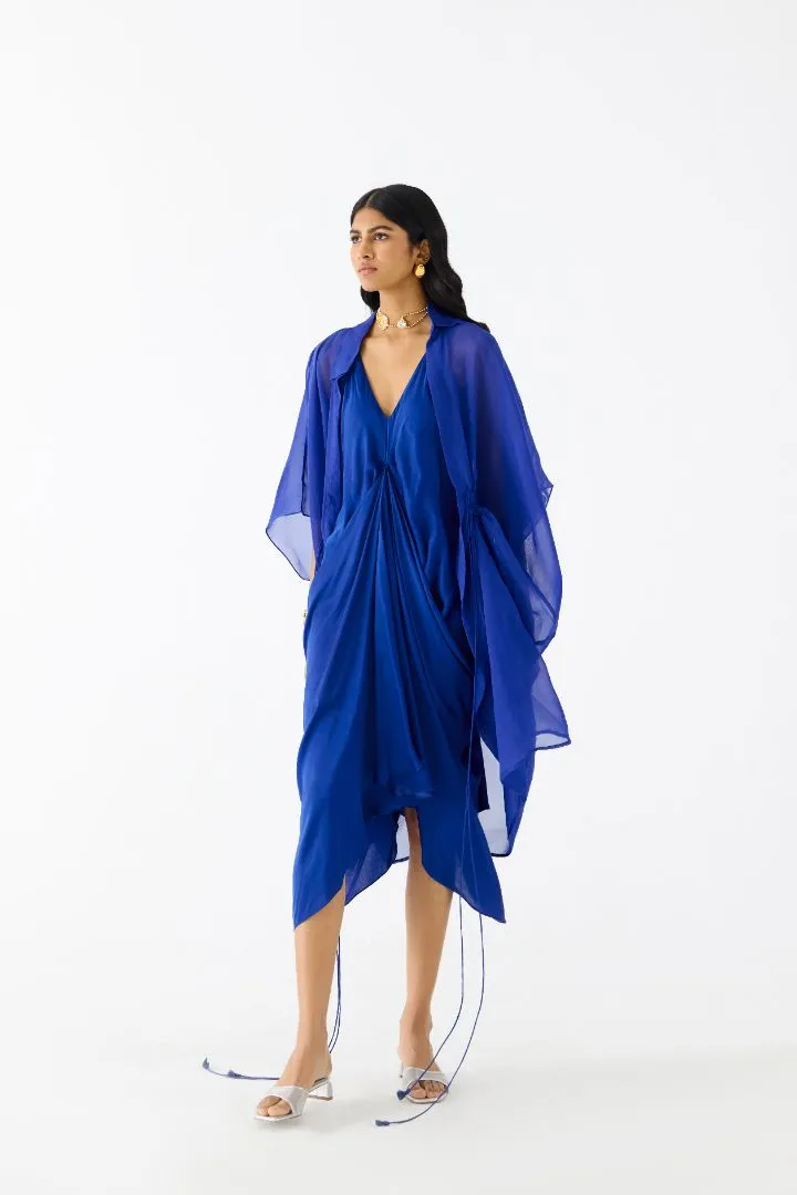 Royal Blue Midi Dress with Organza Cape