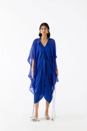 Royal Blue Midi Dress with Organza Cape