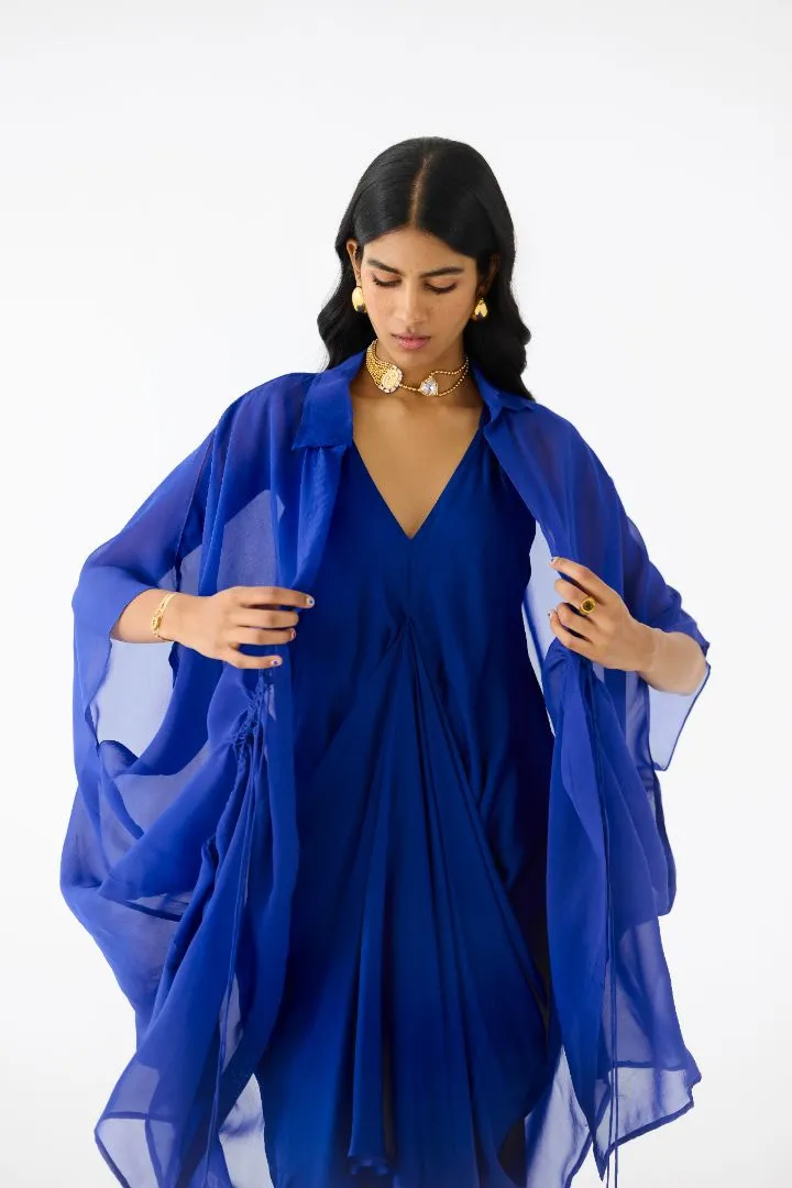 Royal Blue Midi Dress with Organza Cape