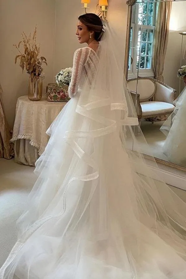 Roycebridal Layered Tulle Ball Gown Lace V-neck Long Sleeves Wedding Dresses, MW985