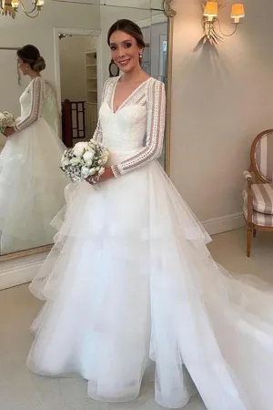 Roycebridal Layered Tulle Ball Gown Lace V-neck Long Sleeves Wedding Dresses, MW985