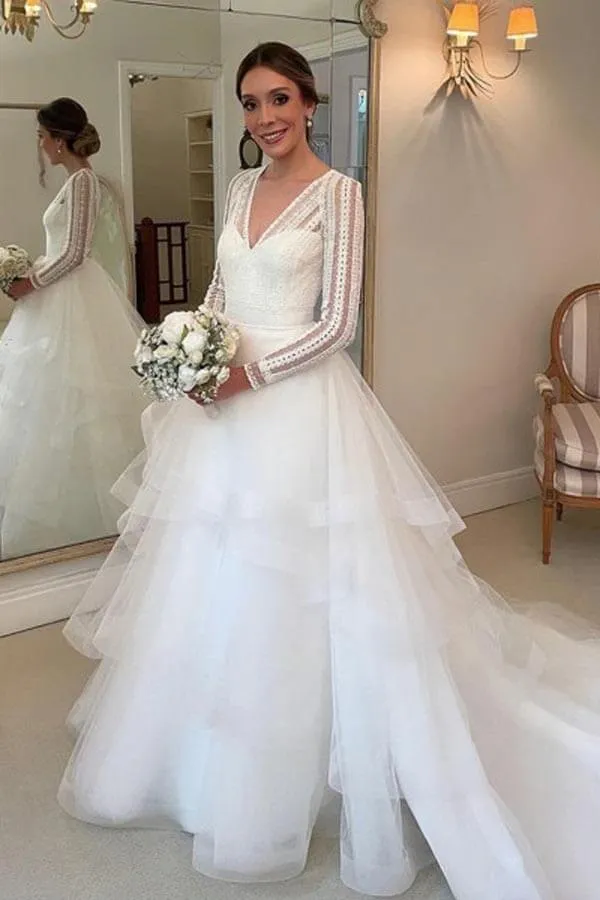 Roycebridal Layered Tulle Ball Gown Lace V-neck Long Sleeves Wedding Dresses, MW985