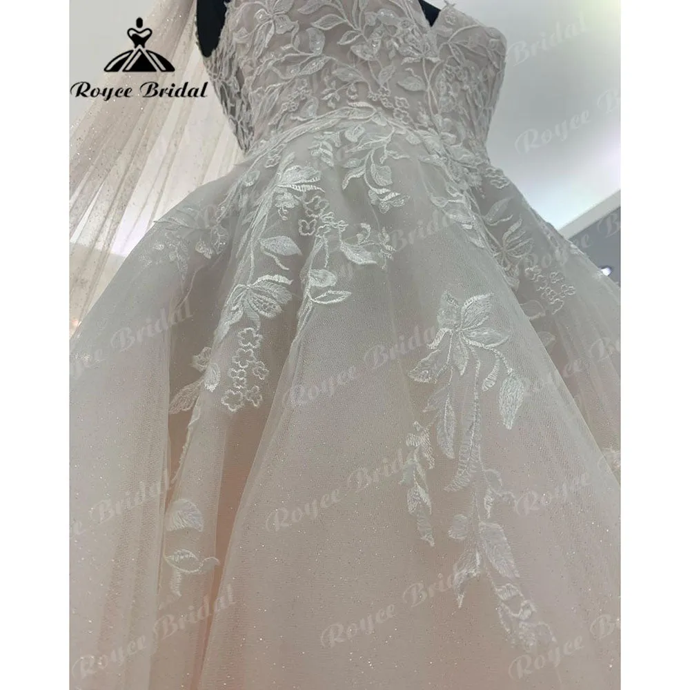 Roycebridal Roycebridal Blush Pink A Line Beach Wedding Dress V Neck Lace Appliques 2025 Bridal Gowns Countryside Backless vestido de noiva