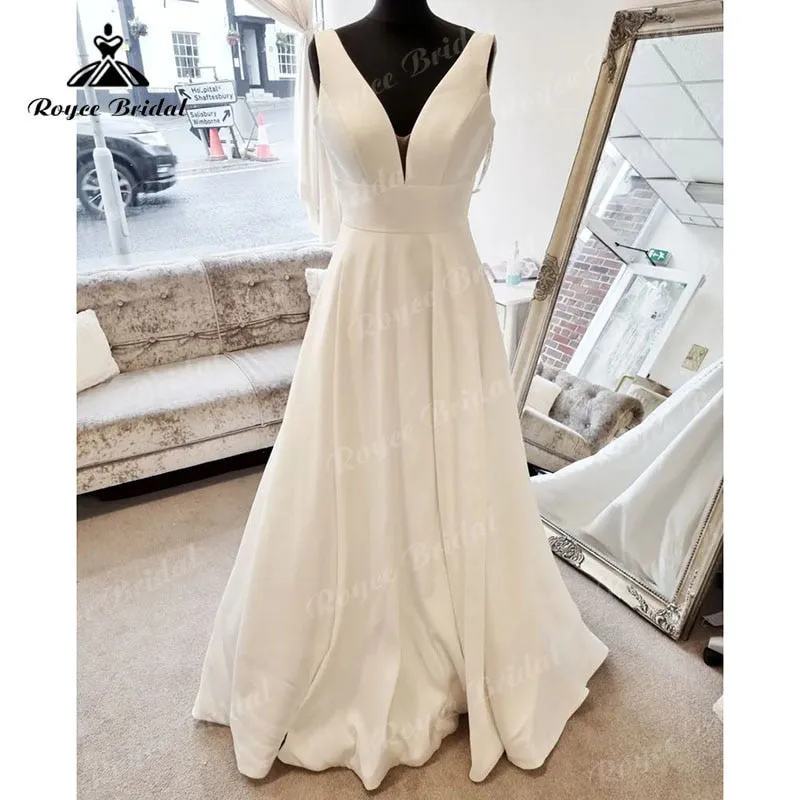 Roycebridal Simple V Neck Sleeveless Satin A Line Beach Wedding dress with Buttons Open Back 2025 Vestido Boda Civil Bridal Gowns for Women