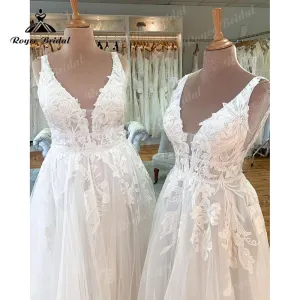 Roycebridal V Neck A Line Boho Lace Wedding Dress Appliques Open Back Tulle Plus Size 2025 Vintage Bridal Gown vestidos de novia Elegant