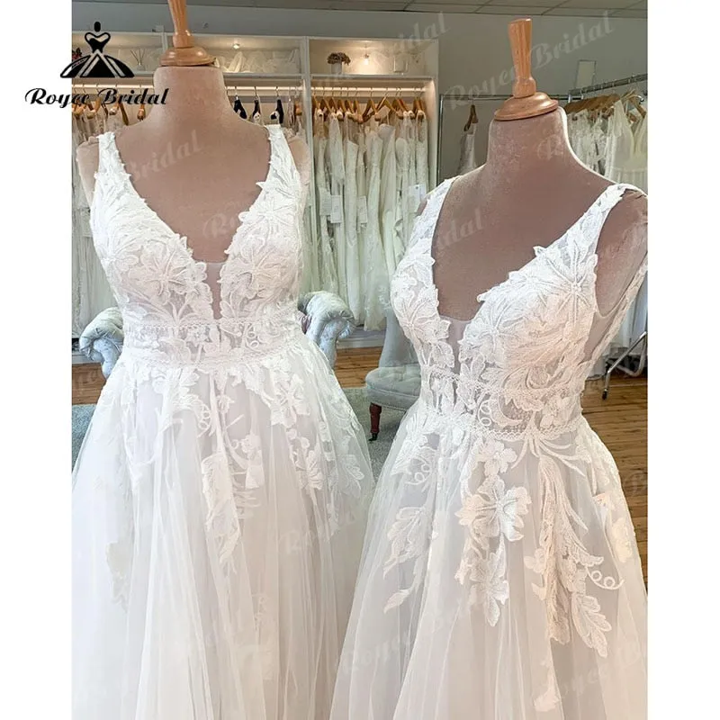 Roycebridal V Neck A Line Boho Lace Wedding Dress Appliques Open Back Tulle Plus Size 2025 Vintage Bridal Gown vestidos de novia Elegant