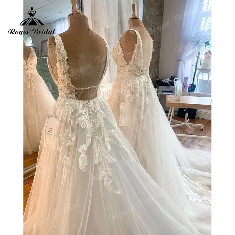 Roycebridal V Neck A Line Boho Lace Wedding Dress Appliques Open Back Tulle Plus Size 2025 Vintage Bridal Gown vestidos de novia Elegant