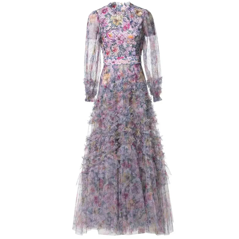Ruby Sequins Floral Embroidery Mesh Dress
