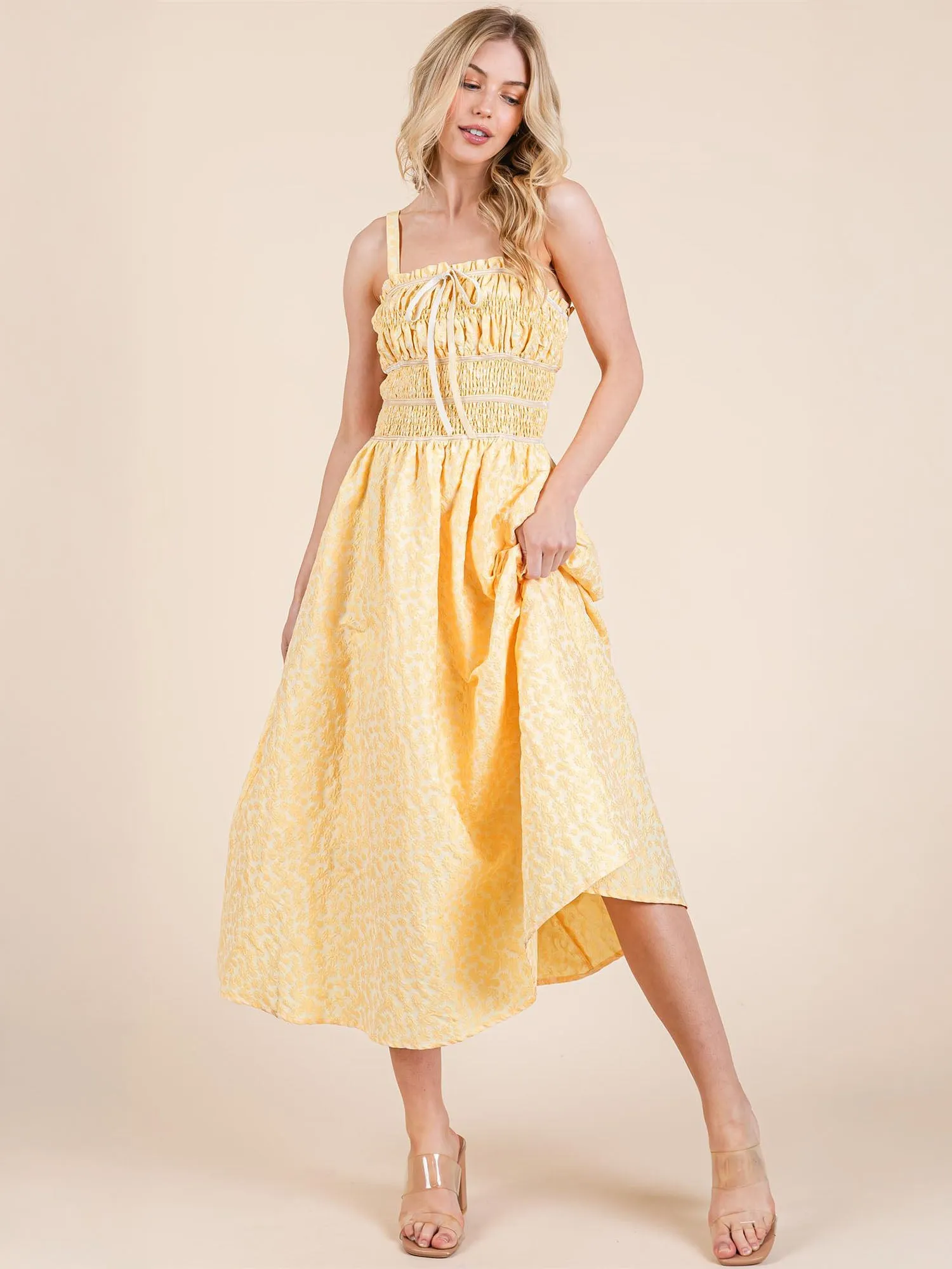 Ruched Bodice Fit Flare Midi Sun Dress