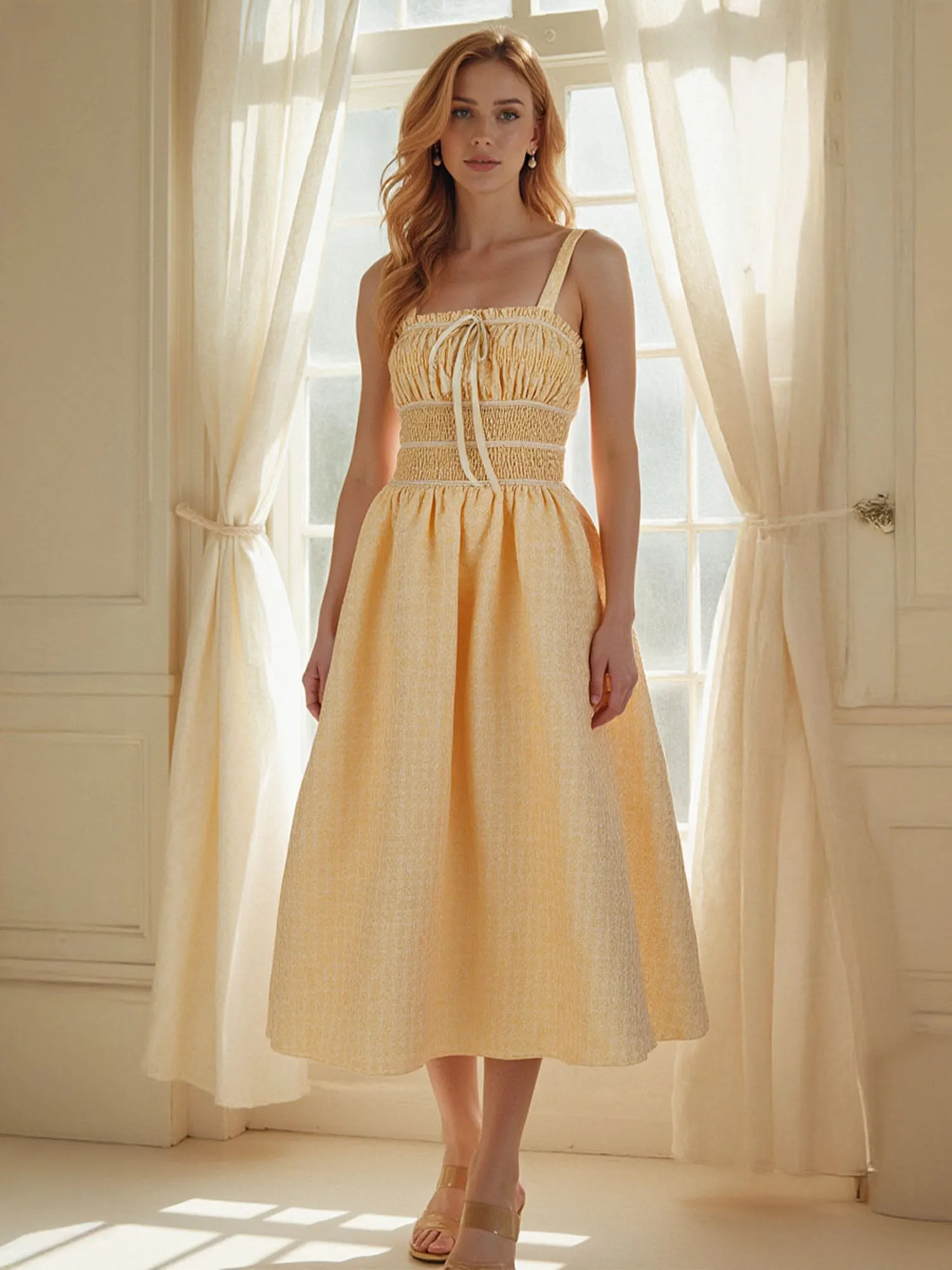 Ruched Bodice Fit Flare Midi Sun Dress