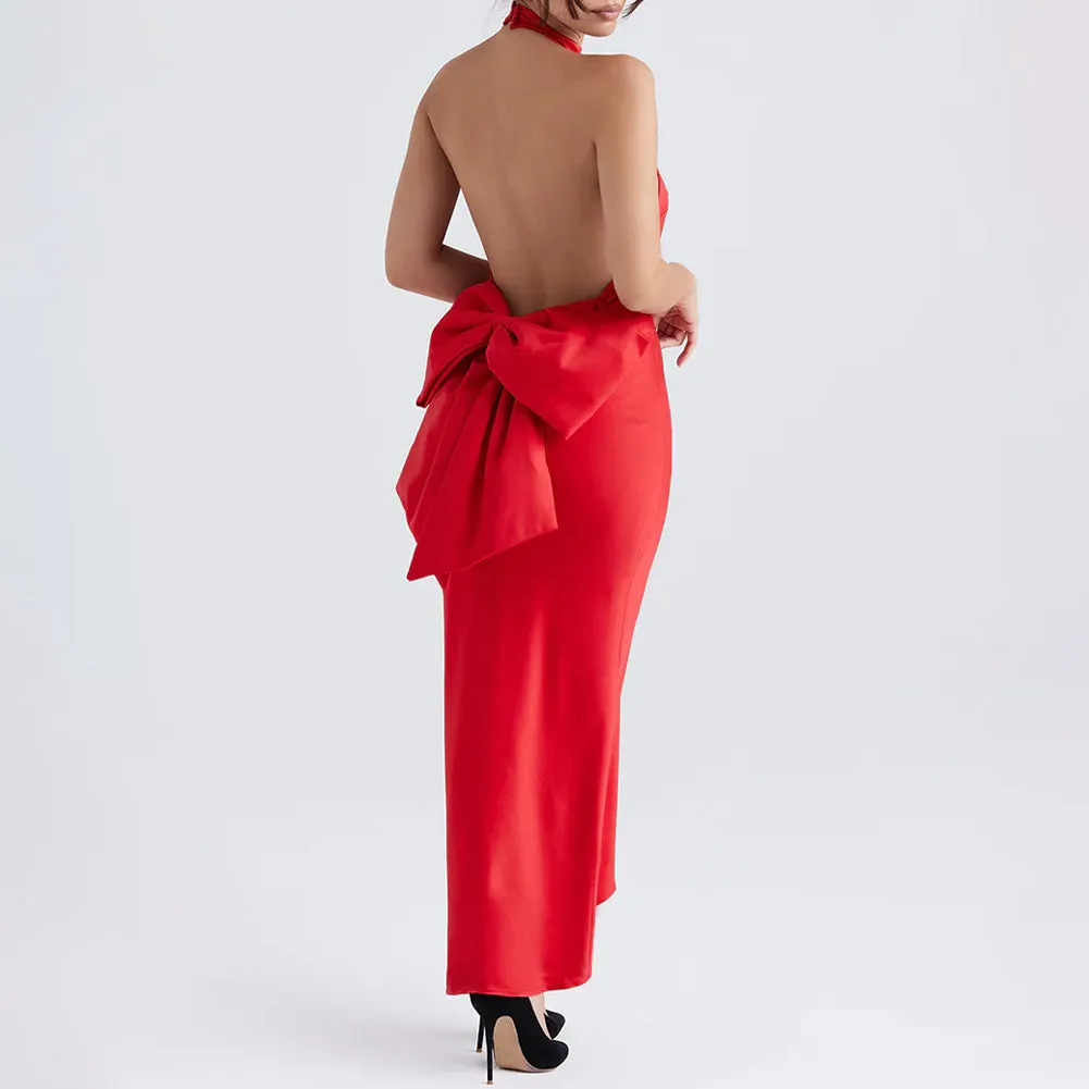 Satin Backless Bow Maxi Dress