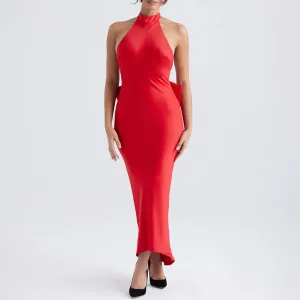 Satin Backless Bow Maxi Dress