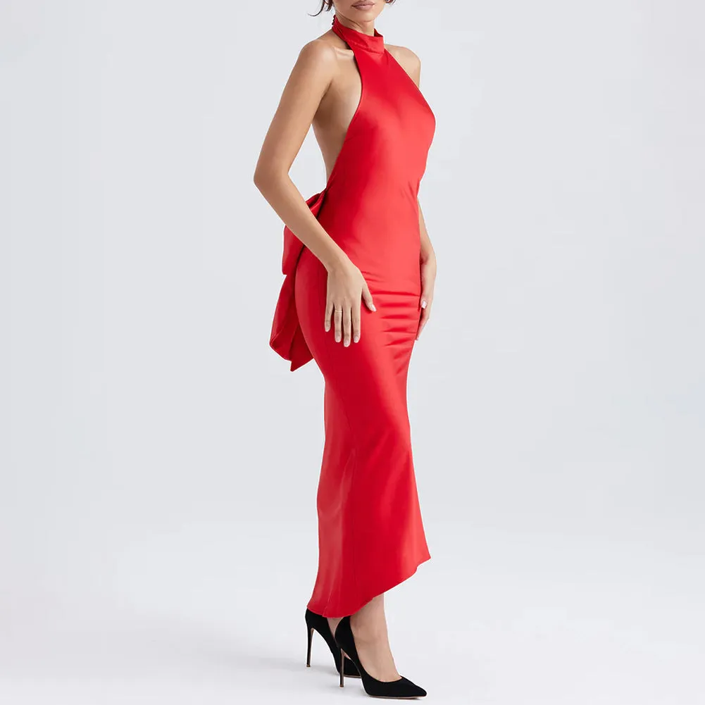 Satin Backless Bow Maxi Dress