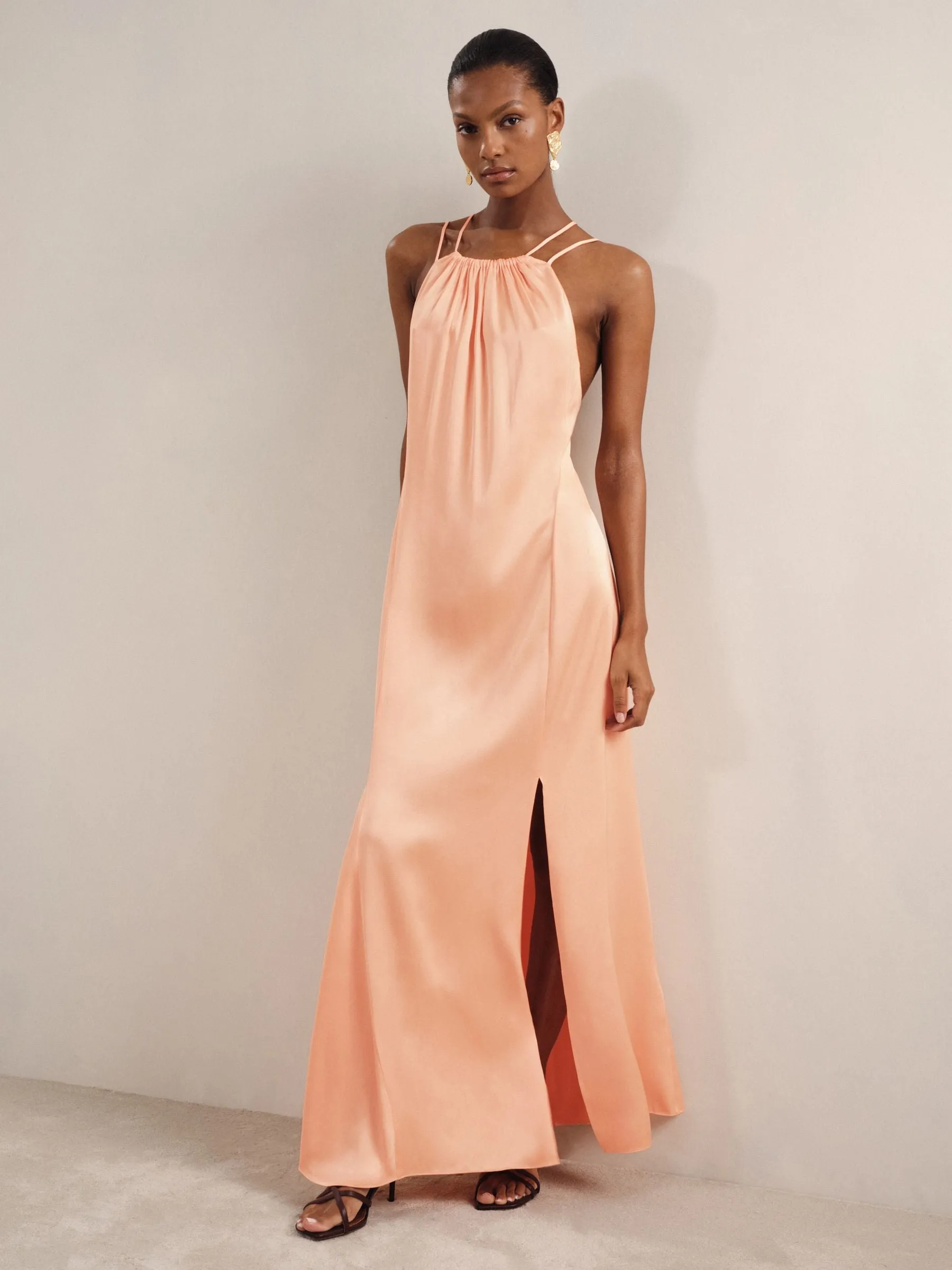 Satin Halterneck Maxi Dress in Peach