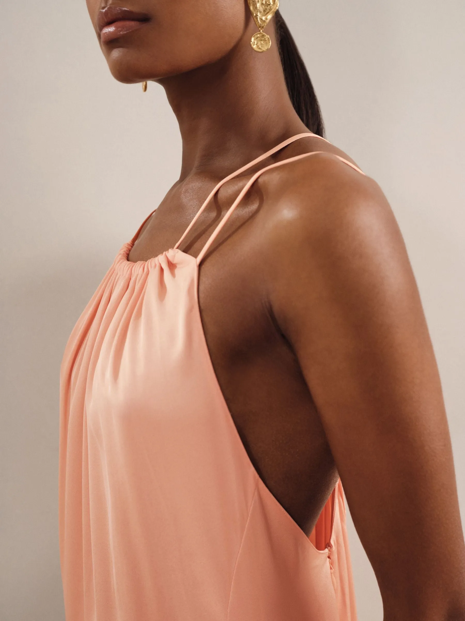 Satin Halterneck Maxi Dress in Peach