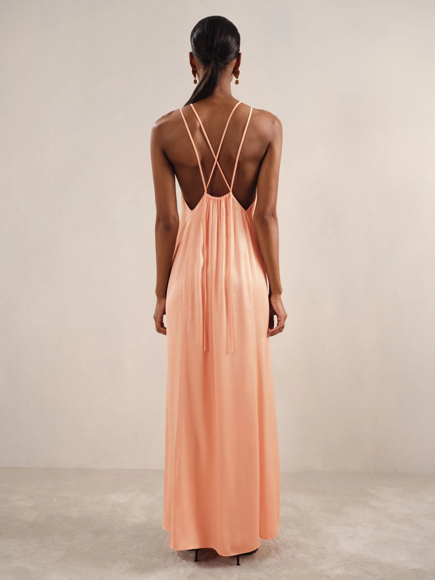 Satin Halterneck Maxi Dress in Peach