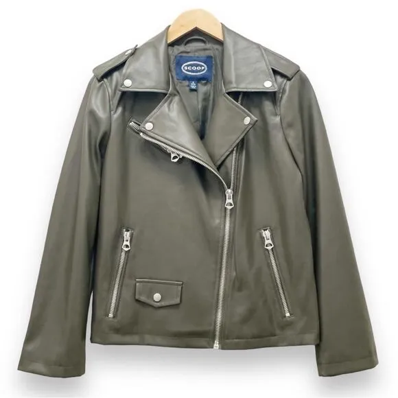 Scoop Faux Leather Moto Jacket Olive Green Bikercore Jacket Women’s Size Small