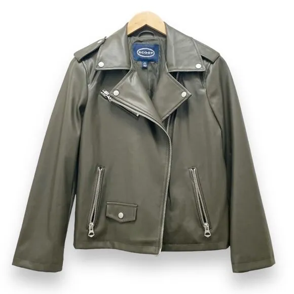 Scoop Faux Leather Moto Jacket Olive Green Bikercore Jacket Women’s Size Small