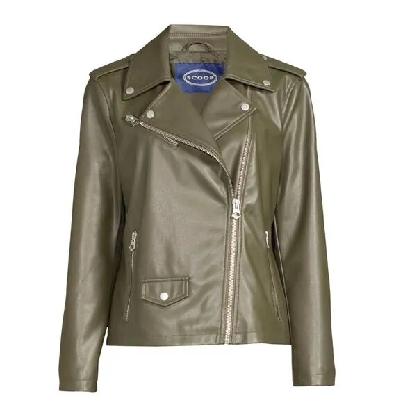 Scoop Faux Leather Moto Jacket Olive Green Bikercore Jacket Women’s Size Small