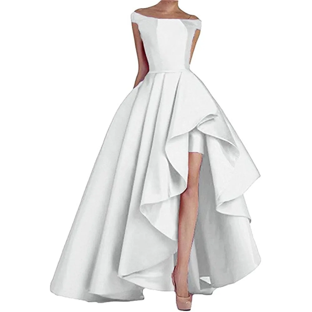 sd-hk Women's Off Shoulder Evening Prom Dresses High Low Wedding Gowns