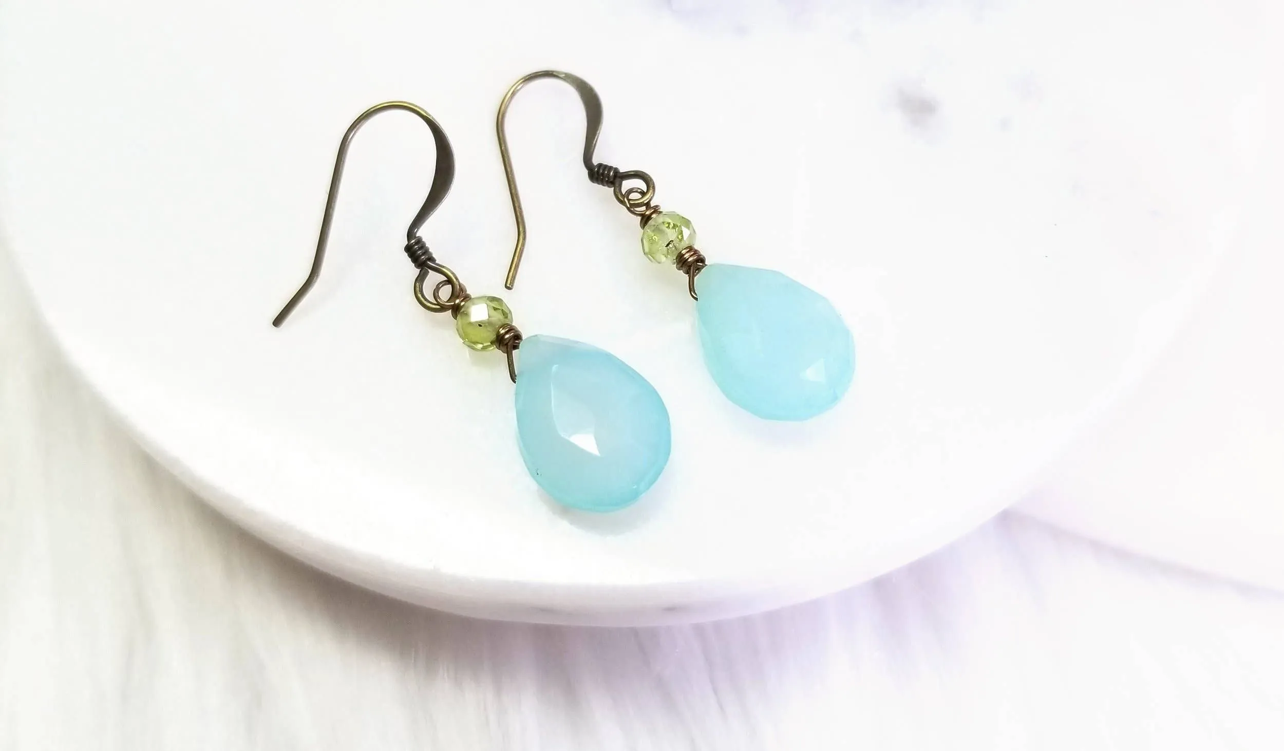 Seafoam Chalcedony and Green Peridot Classic Stone Earrings