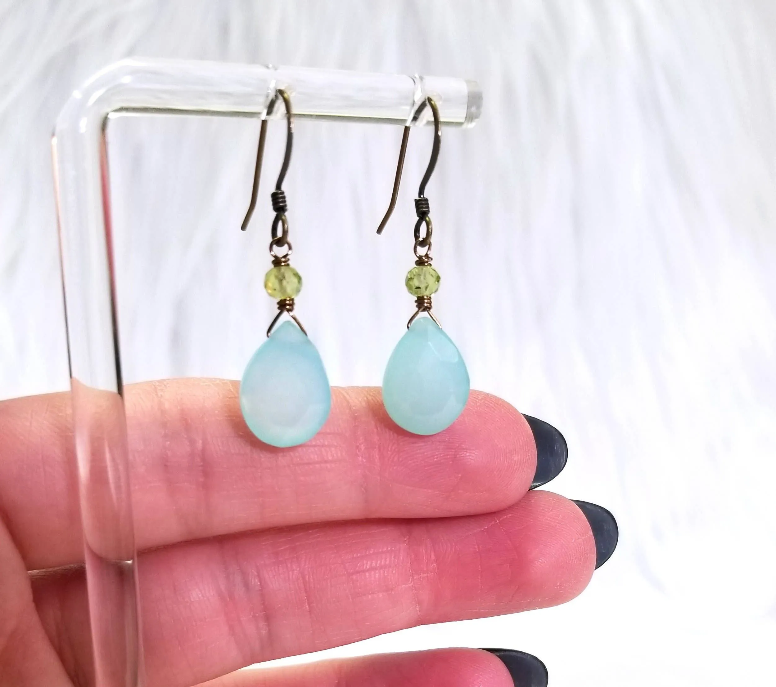 Seafoam Chalcedony and Green Peridot Classic Stone Earrings