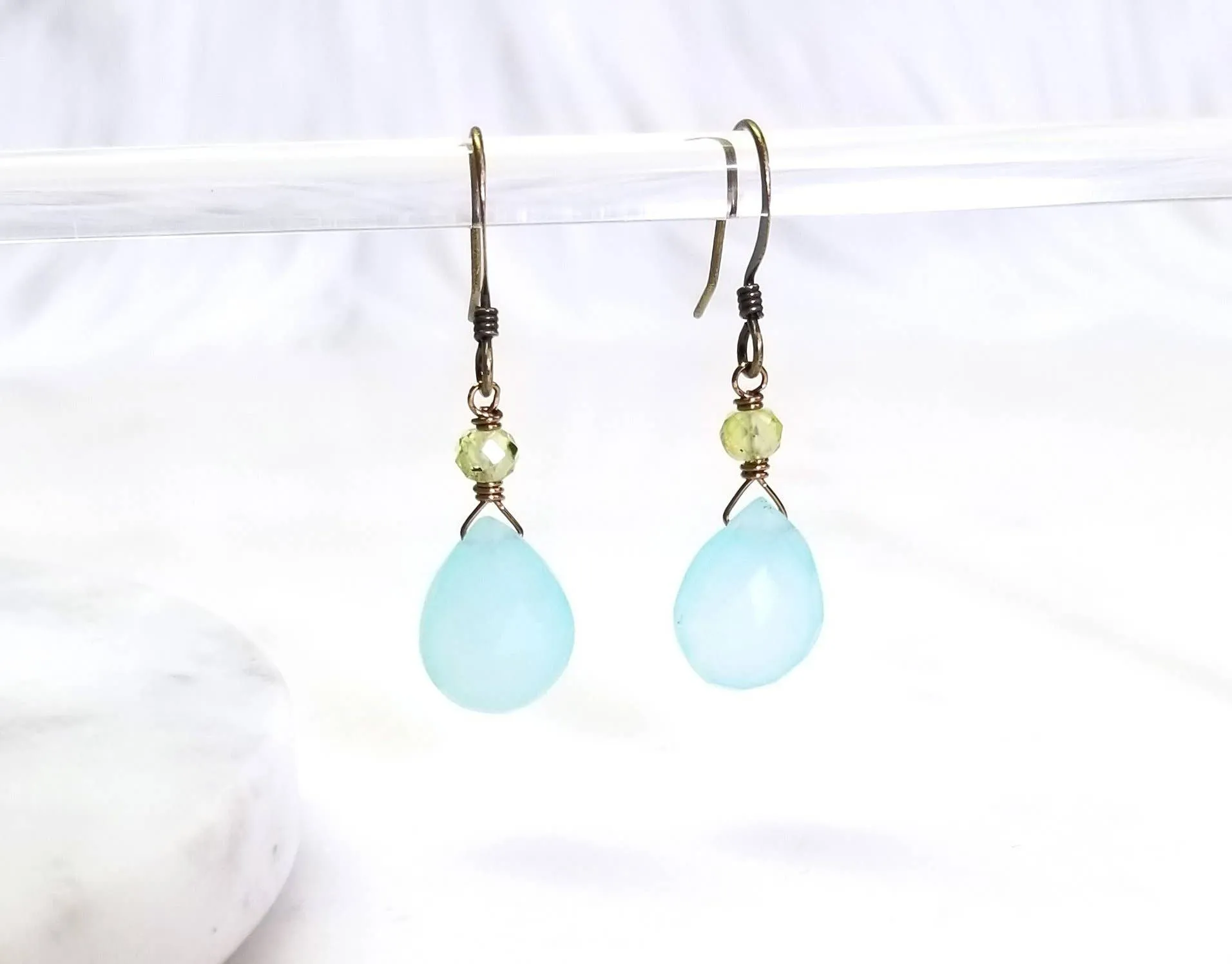 Seafoam Chalcedony and Green Peridot Classic Stone Earrings