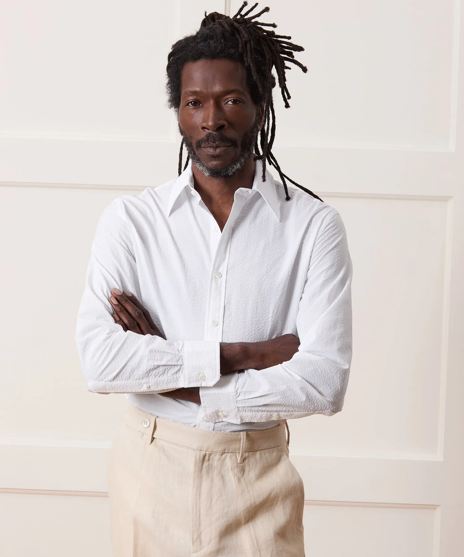 Seersucker Long Point Collar Dress Shirt