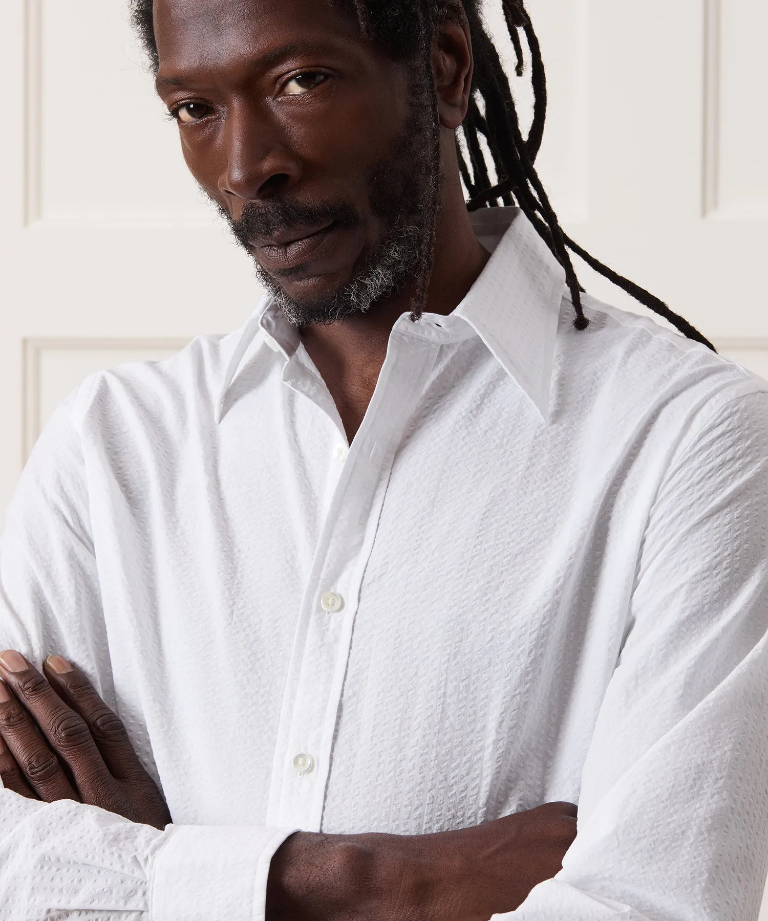 Seersucker Long Point Collar Dress Shirt