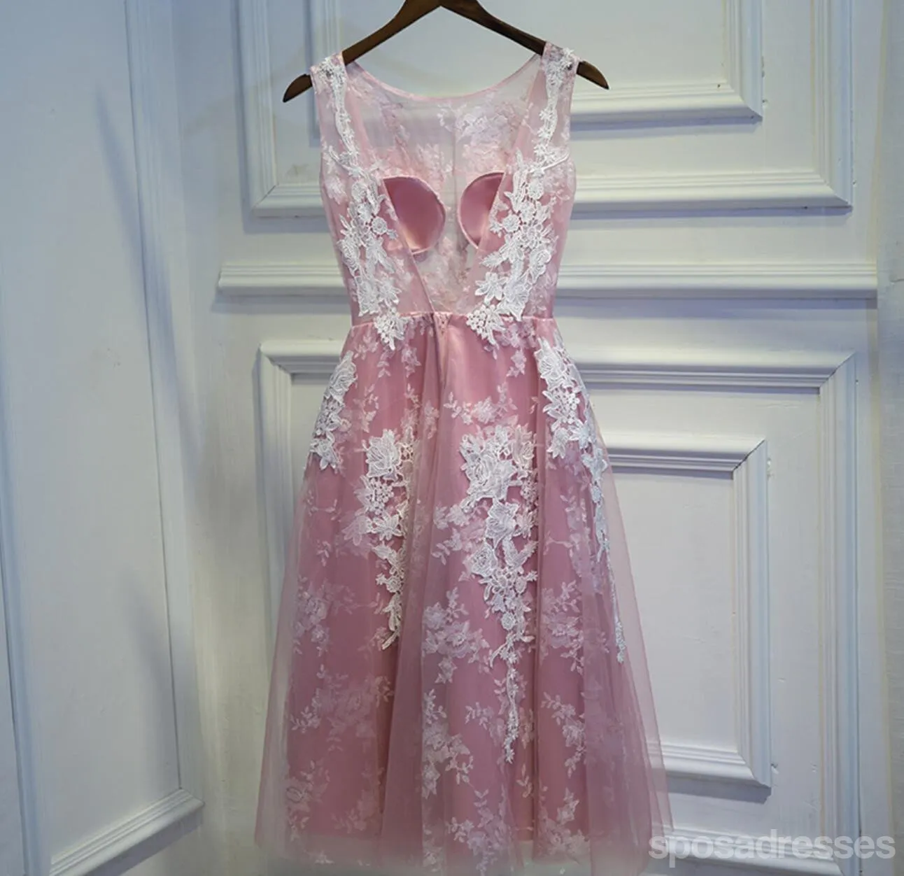 Sexy Backless Dusty Pink Lace Homecoming Prom Dresses, Affordable Corset Back Short Party Prom Dresses, Perfect Homecoming Dresses, CM257