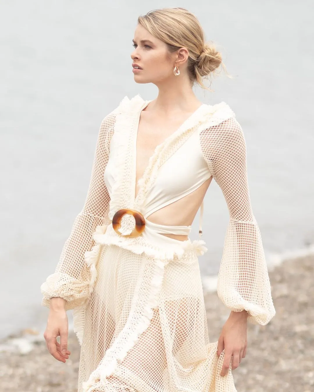 Sexy Deep V-neck Cut Out Long Sleeve Maxi Dress Long White Lace Tunic Party Women Clothes  Summer Beach Dress