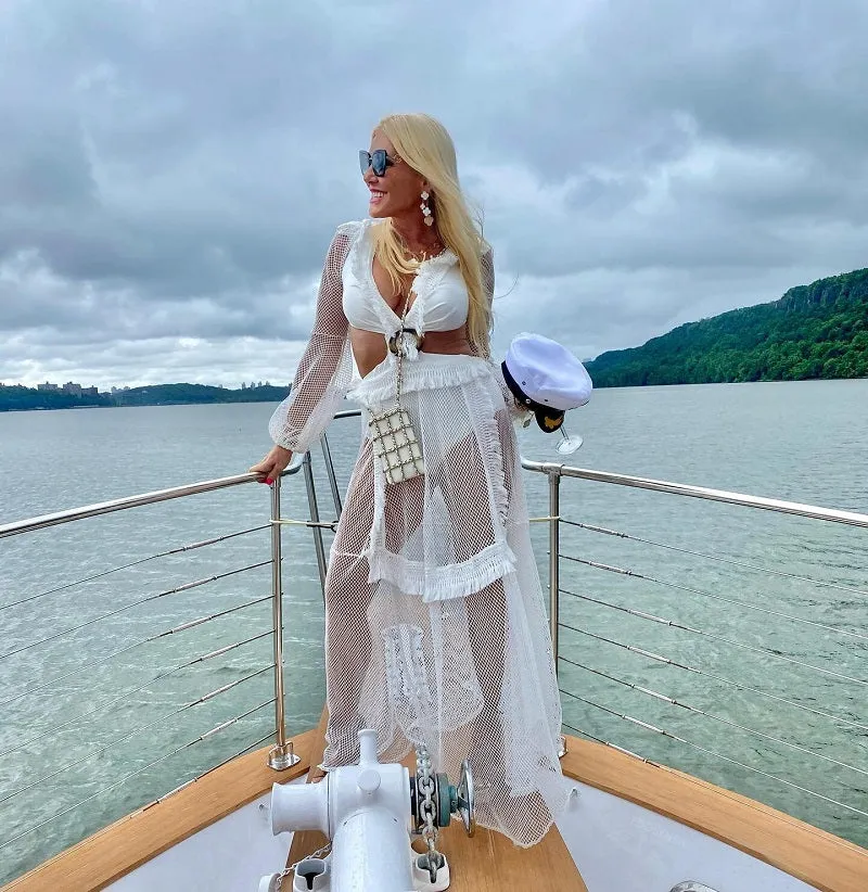 Sexy Deep V-neck Cut Out Long Sleeve Maxi Dress Long White Lace Tunic Party Women Clothes  Summer Beach Dress