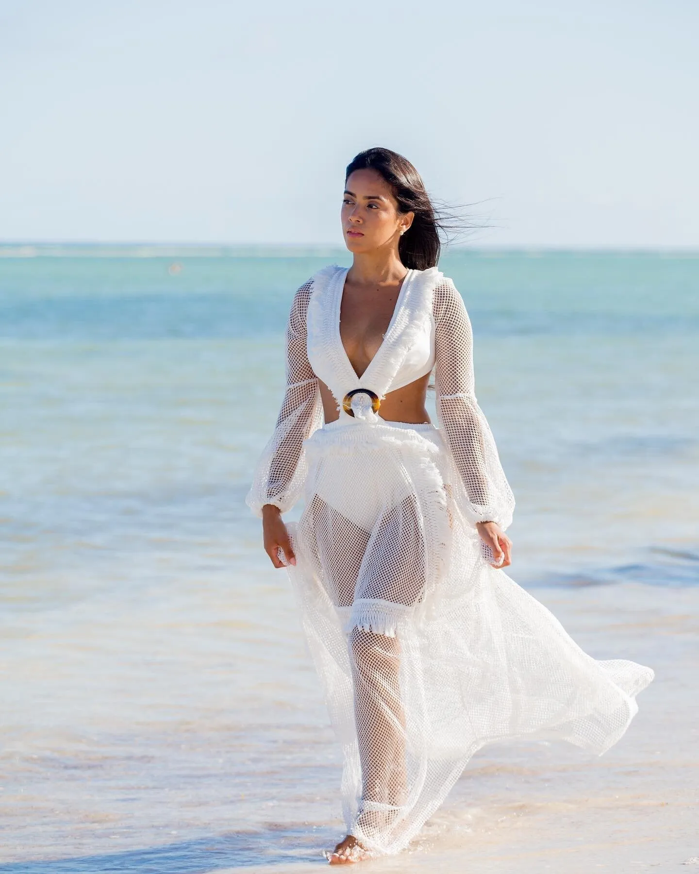 Sexy Deep V-neck Cut Out Long Sleeve Maxi Dress Long White Lace Tunic Party Women Clothes  Summer Beach Dress