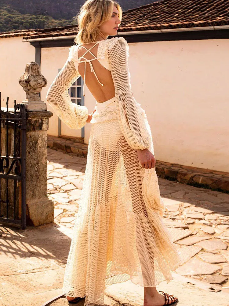 Sexy Deep V-neck Cut Out Long Sleeve Maxi Dress Long White Lace Tunic Party Women Clothes  Summer Beach Dress