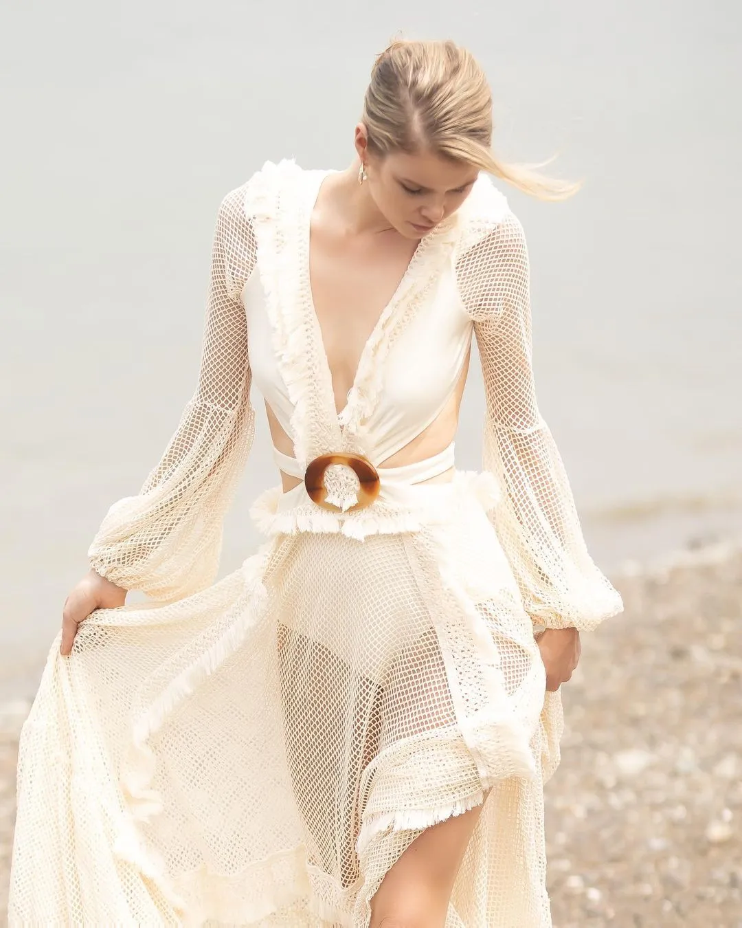 Sexy Deep V-neck Cut Out Long Sleeve Maxi Dress Long White Lace Tunic Party Women Clothes  Summer Beach Dress