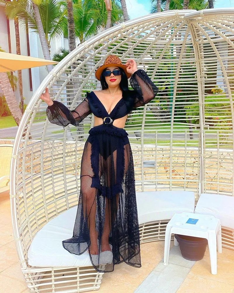 Sexy Deep V-neck Cut Out Long Sleeve Maxi Dress Long White Lace Tunic Party Women Clothes  Summer Beach Dress