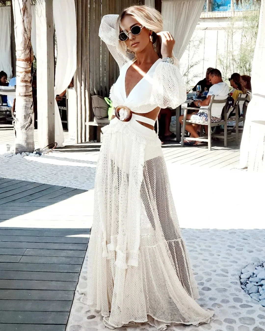 Sexy Deep V-neck Cut Out Long Sleeve Maxi Dress Long White Lace Tunic Party Women Clothes  Summer Beach Dress