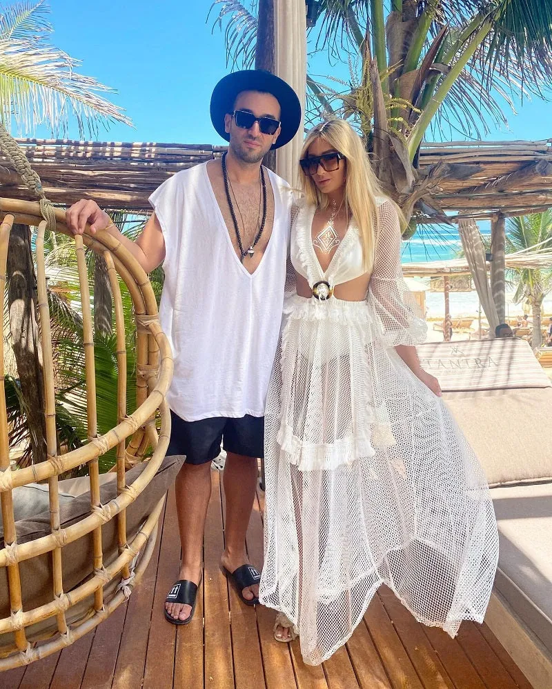 Sexy Deep V-neck Cut Out Long Sleeve Maxi Dress Long White Lace Tunic Party Women Clothes  Summer Beach Dress
